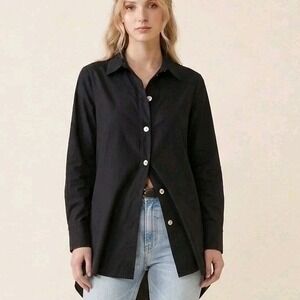 Bryn Walker Stretch Cotton Shirt Women's L Black Button Oversized Chic USA EUC